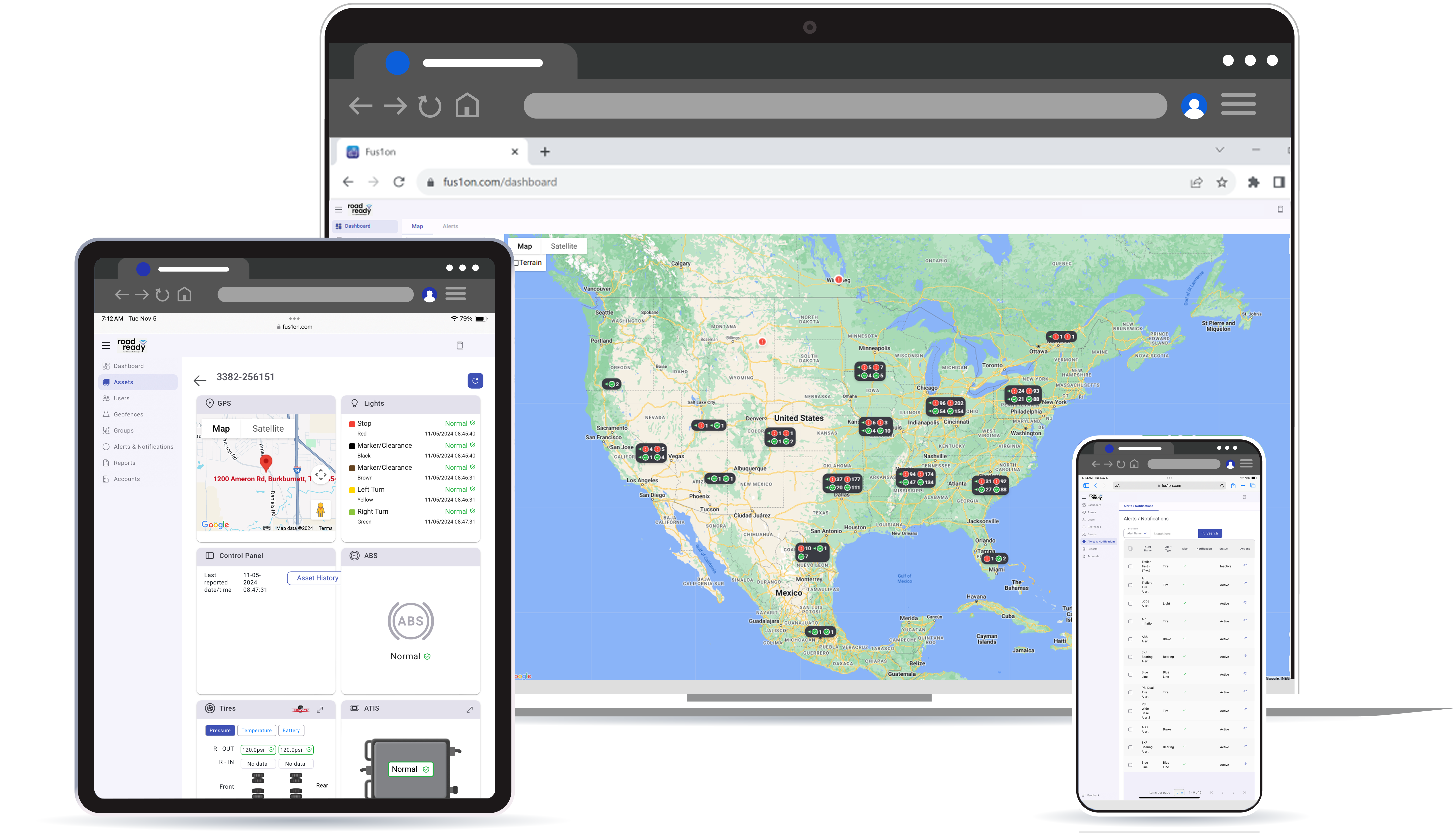 Road Ready dashboard, powered by Fus1on, displayed on a laptop, tablet, and smartphone, showing fleet location, asset health, and trailer alerts.