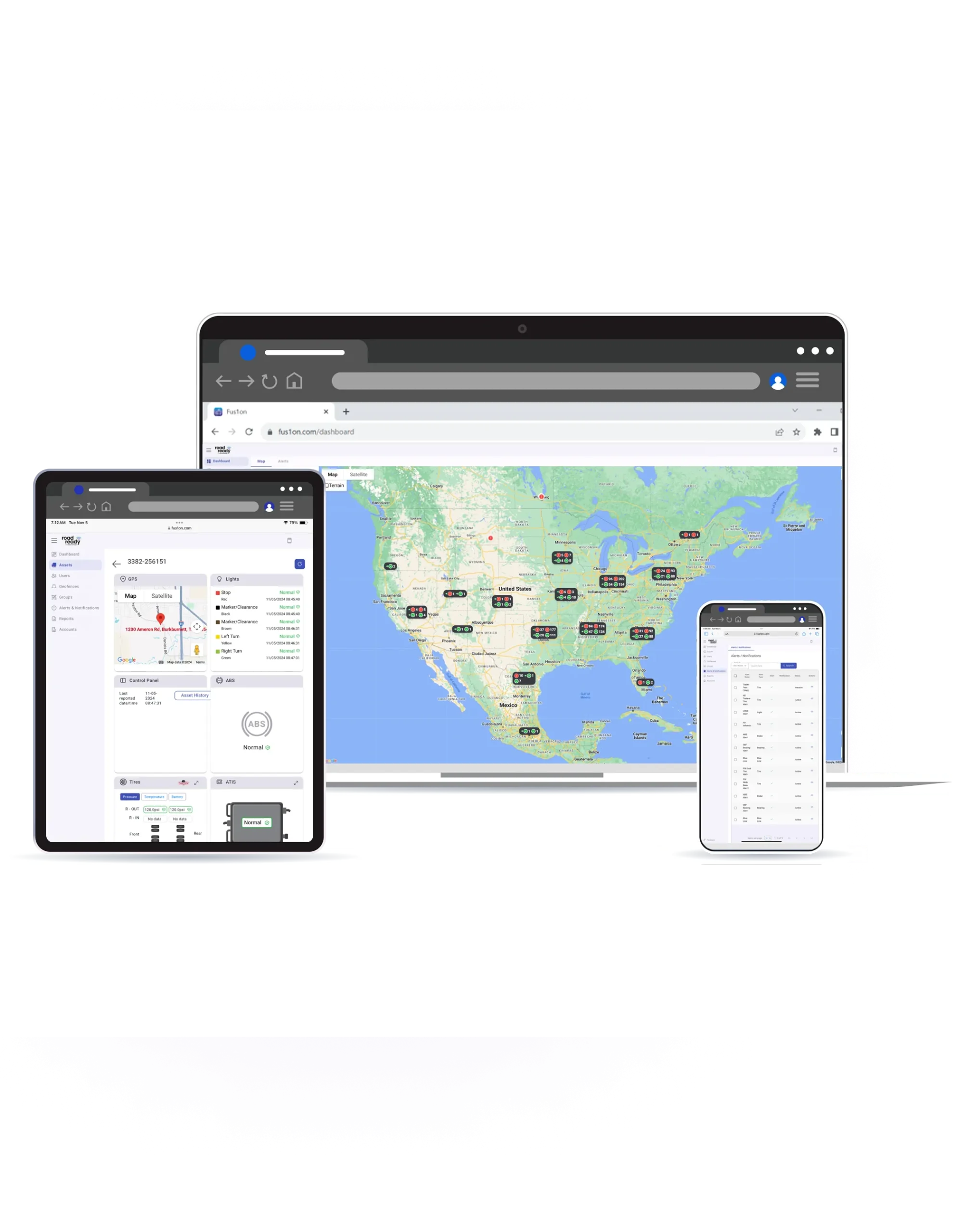 Road Ready's Fus1on trailer tracking dashboard displayed on desktop, tablet, and mobile devices