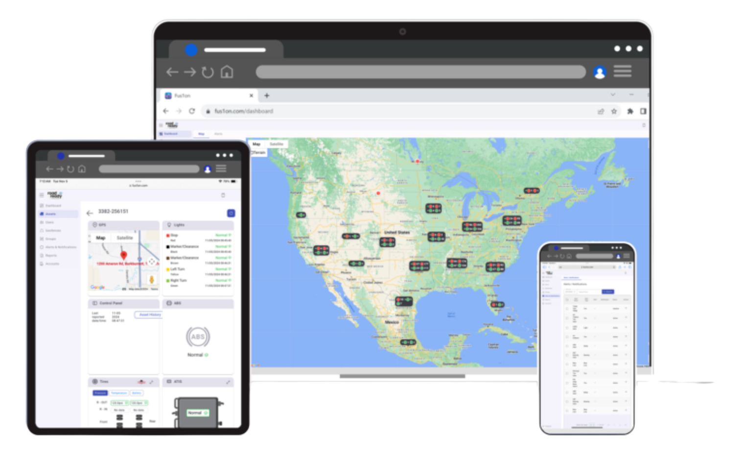 Road Ready dashboard, powered by Fus1on, displayed on a laptop, tablet, and smartphone, showing fleet location, asset health, and trailer alerts.