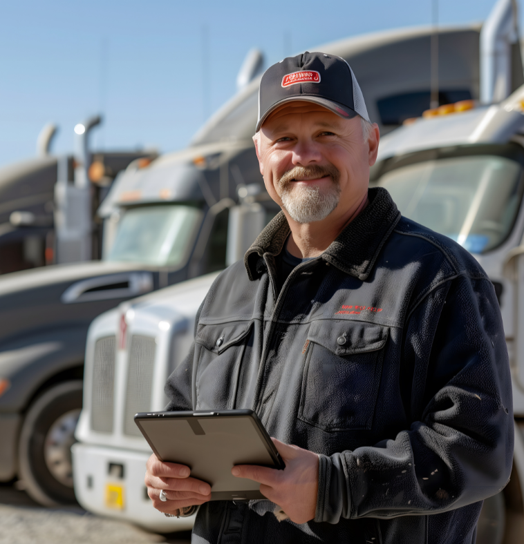 Fleet manager with a tablet standing in front of a fleet