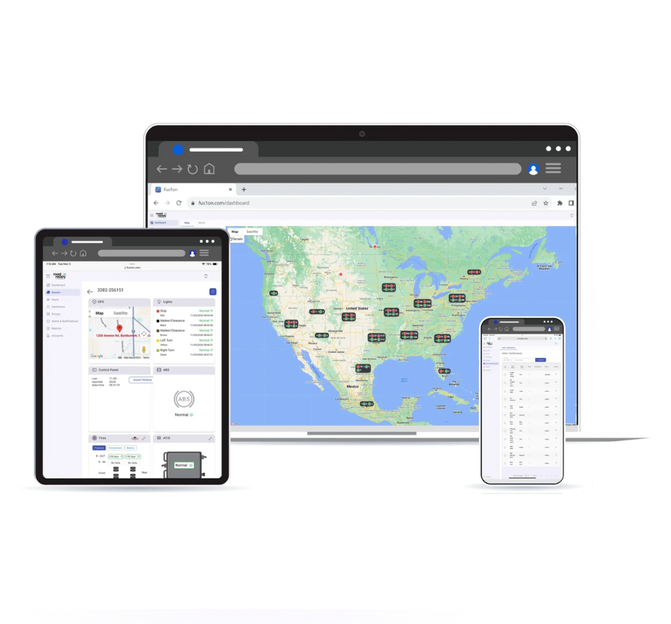 Road Ready dashboard, powered by Fus1on, displayed on a laptop, tablet, and smartphone, showing fleet location, asset health, and trailer alerts.