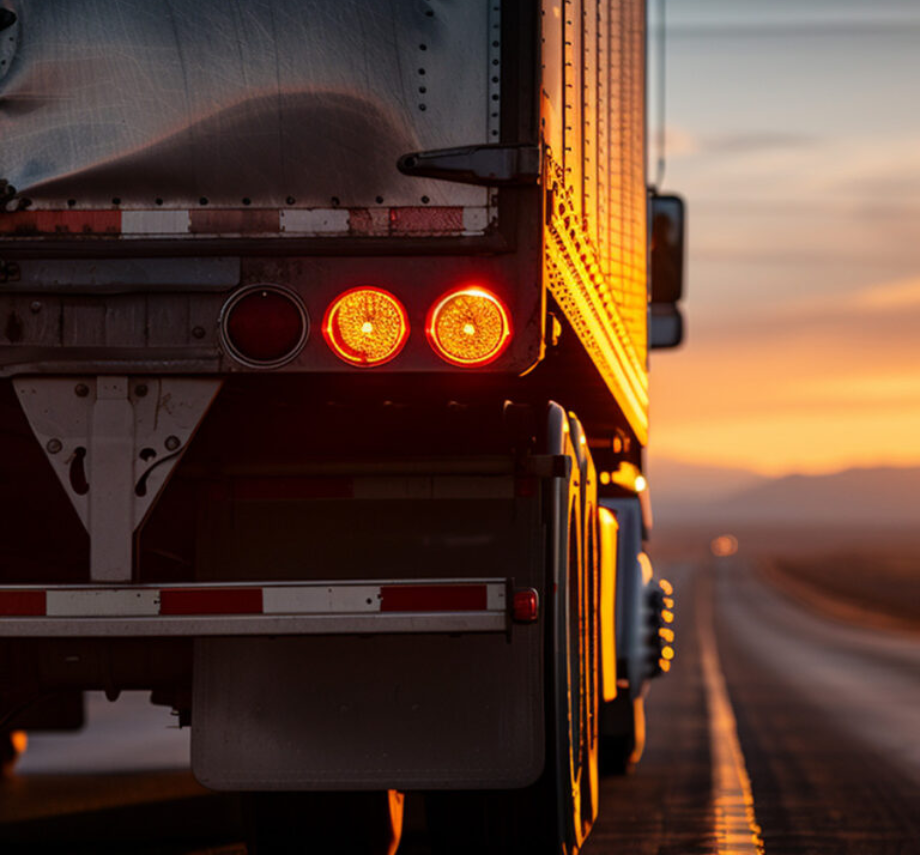 Rear view of a trailer at sunset with brake lights illuminated, symbolizing light out status monitoring