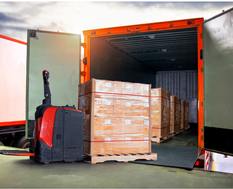 A forklift loads pallets of cargo into a trailer with volumetric cargo monitoring