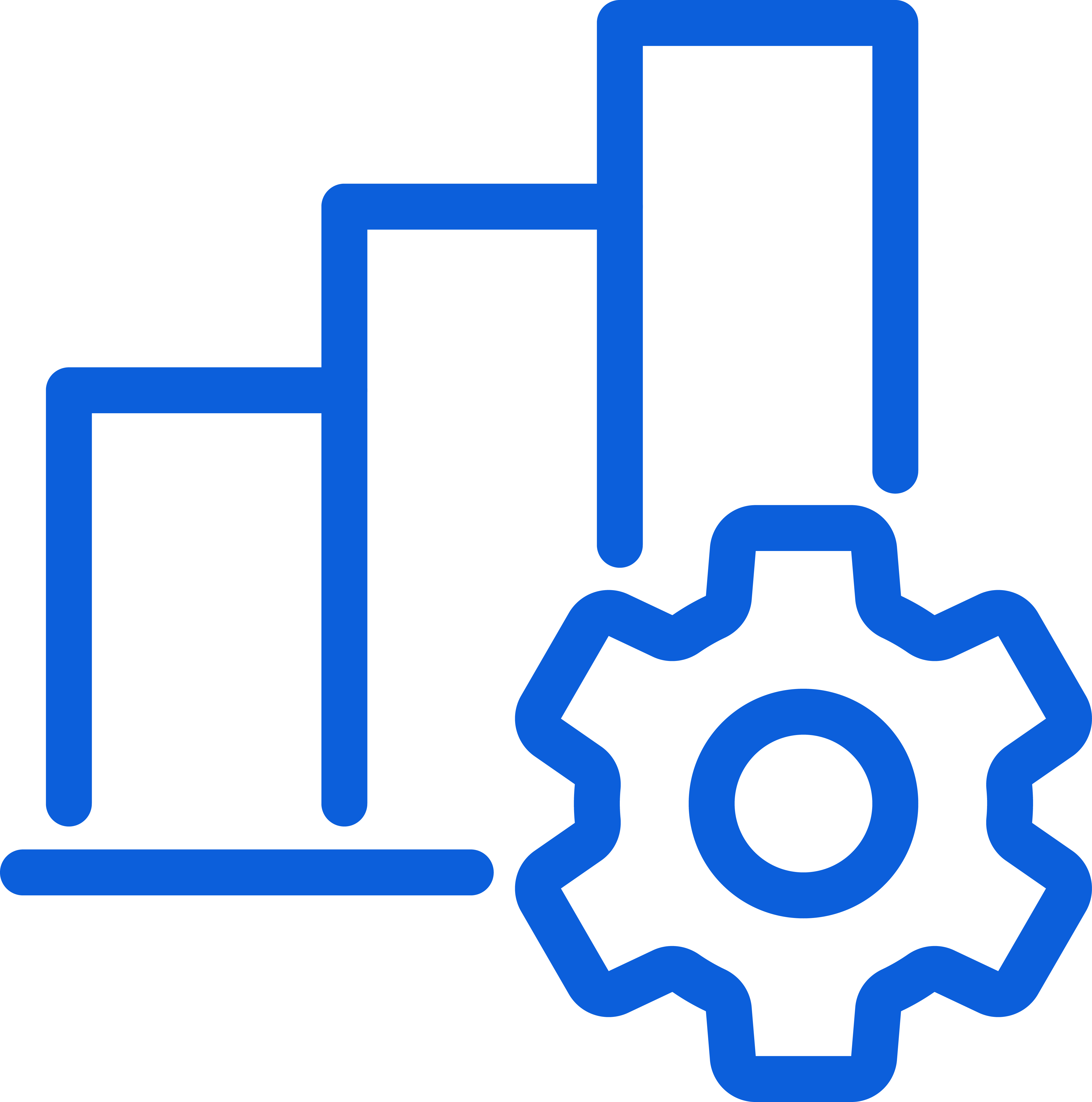 Blue bar chart and gear icon symbolizing operational efficiency and performance