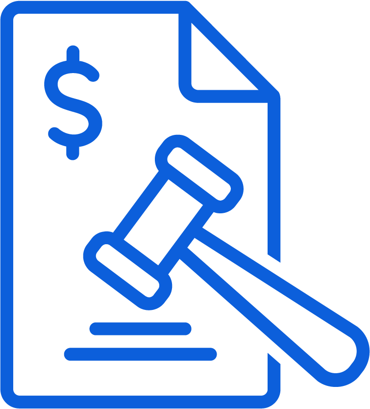 Blue icon showing a gavel and dollar sign on a document, representing fines that can be levied in logistics