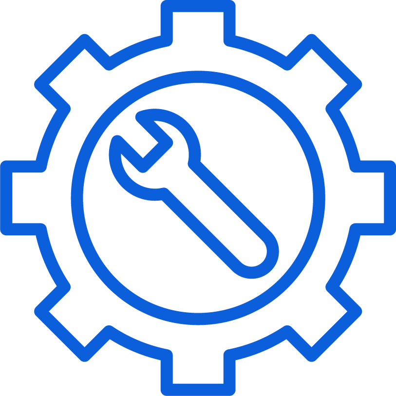 Blue maintenance icon with a wrench inside a gear