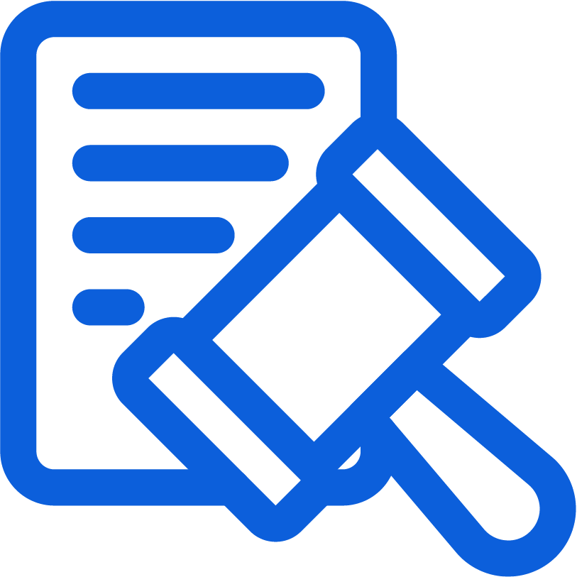 Blue document icon with a gavel symbolizes compliance and regulations