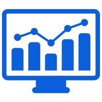 Blue icon showing a computer monitor with a bar chart and trend line, symbolizing advanced fleet reporting and analytics