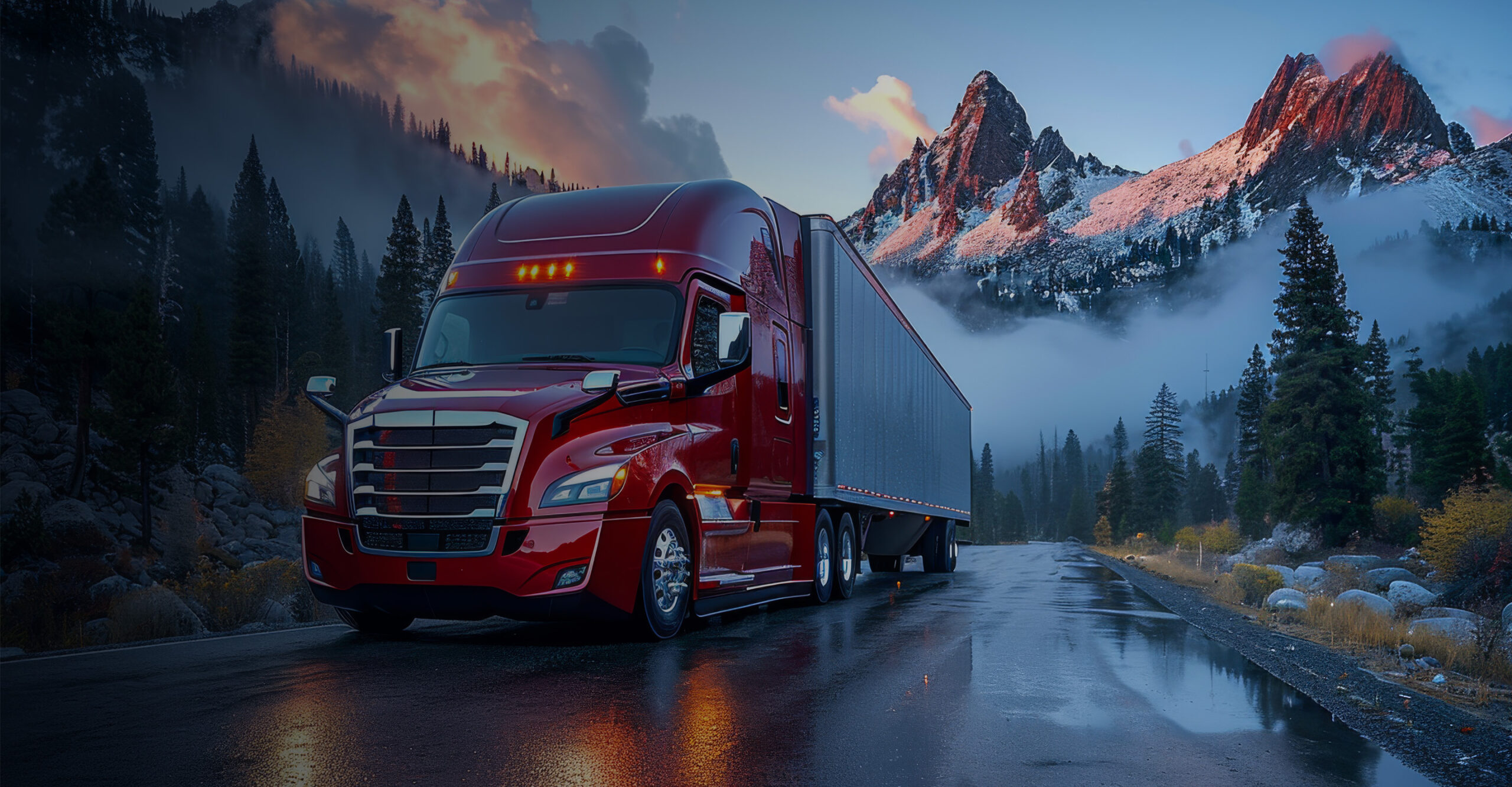 Red semi-truck and trailer driving on a mountain highway, representing fleet visibility and connected trailer tracking.