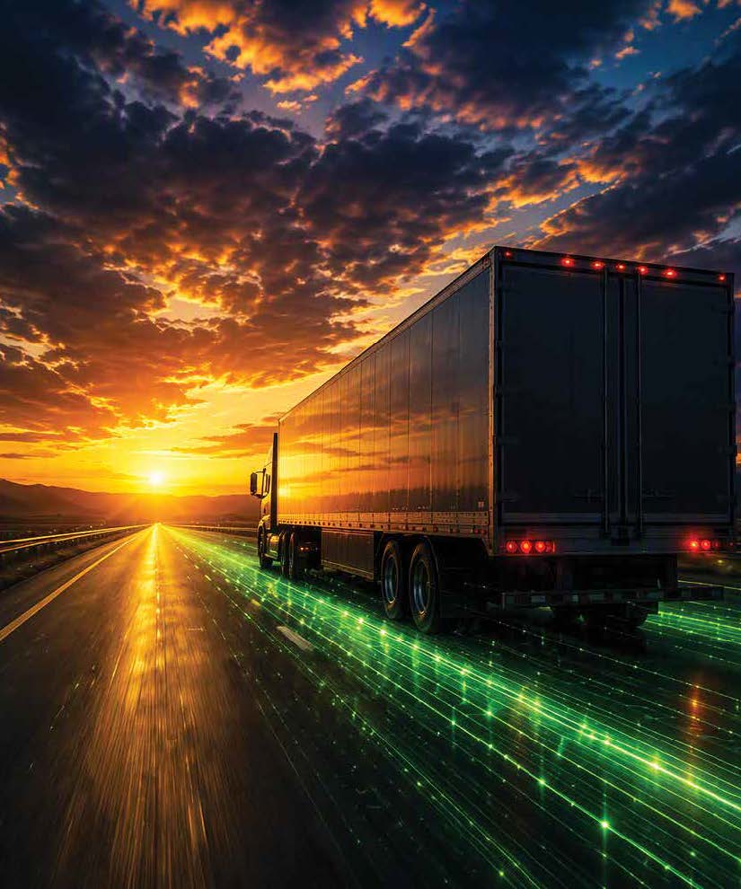 RR_FleetOwner_FullPg_Aug26_Page_1_Image_0002 | Road Ready Semi-trailer truck driving on an empty highway at sunset, with green light streaks along the road suggesting speed or data visuals.